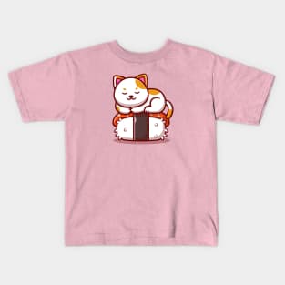 Cute Cat Sleeping On Salmon Sushi Cartoon Kids T-Shirt